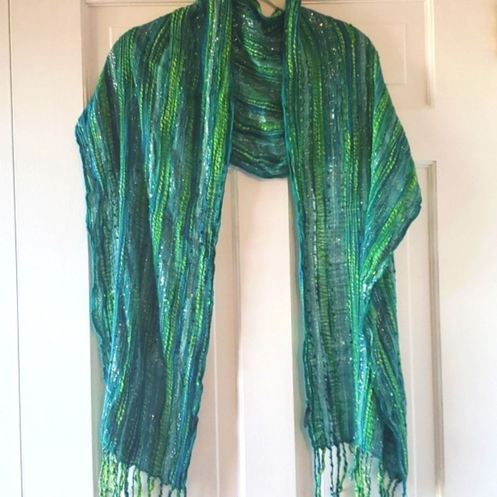 GREEN BLUE TEXTURED SPARKLY SCARF WRAP MERMAIDCORE ARTSY SILVER